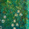 Textile art piece with green and brown hues and white floral patterns on a textured surface.